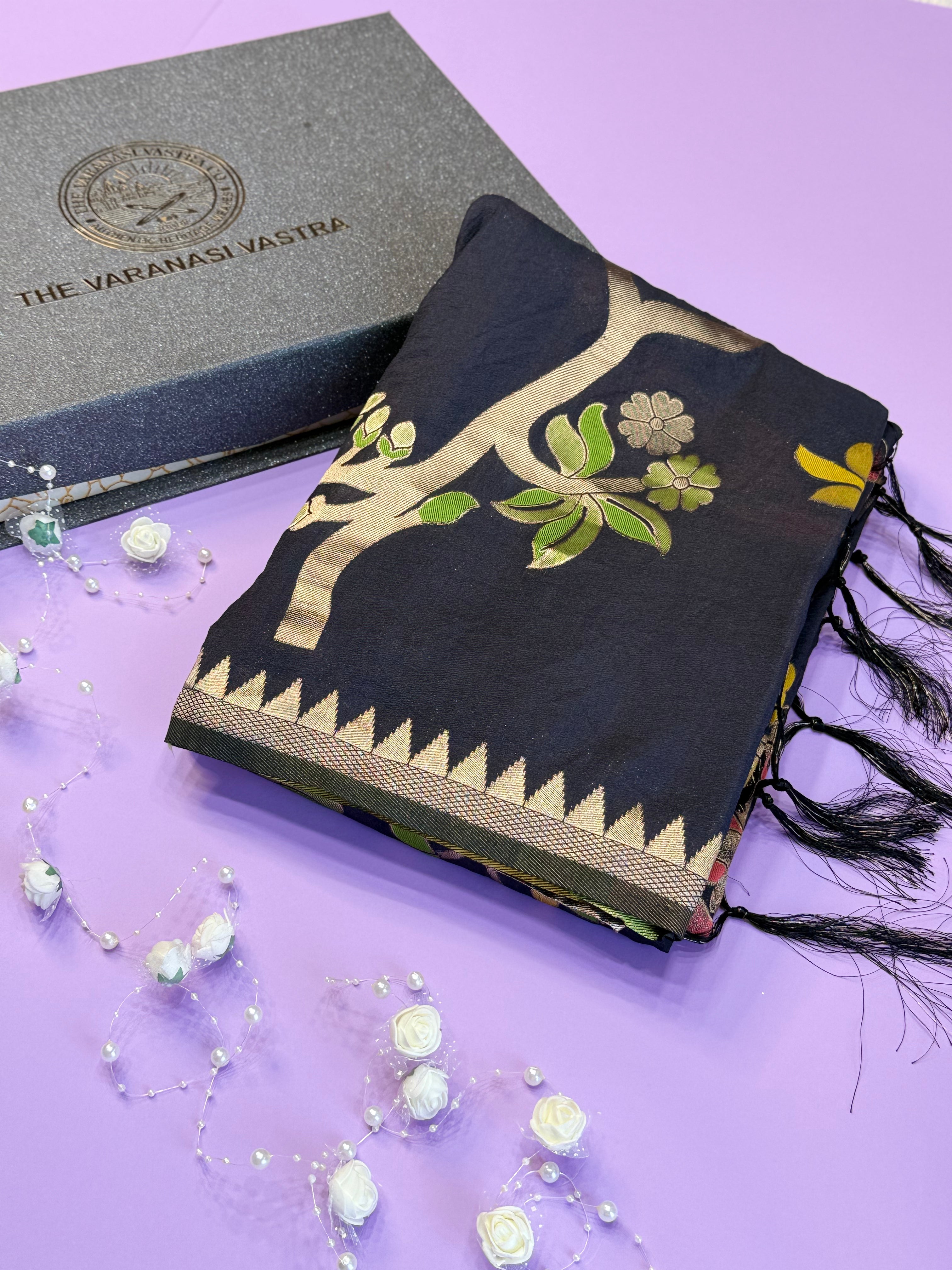 Luxury Black Festive Saree with Intricate Gold Brocade Work