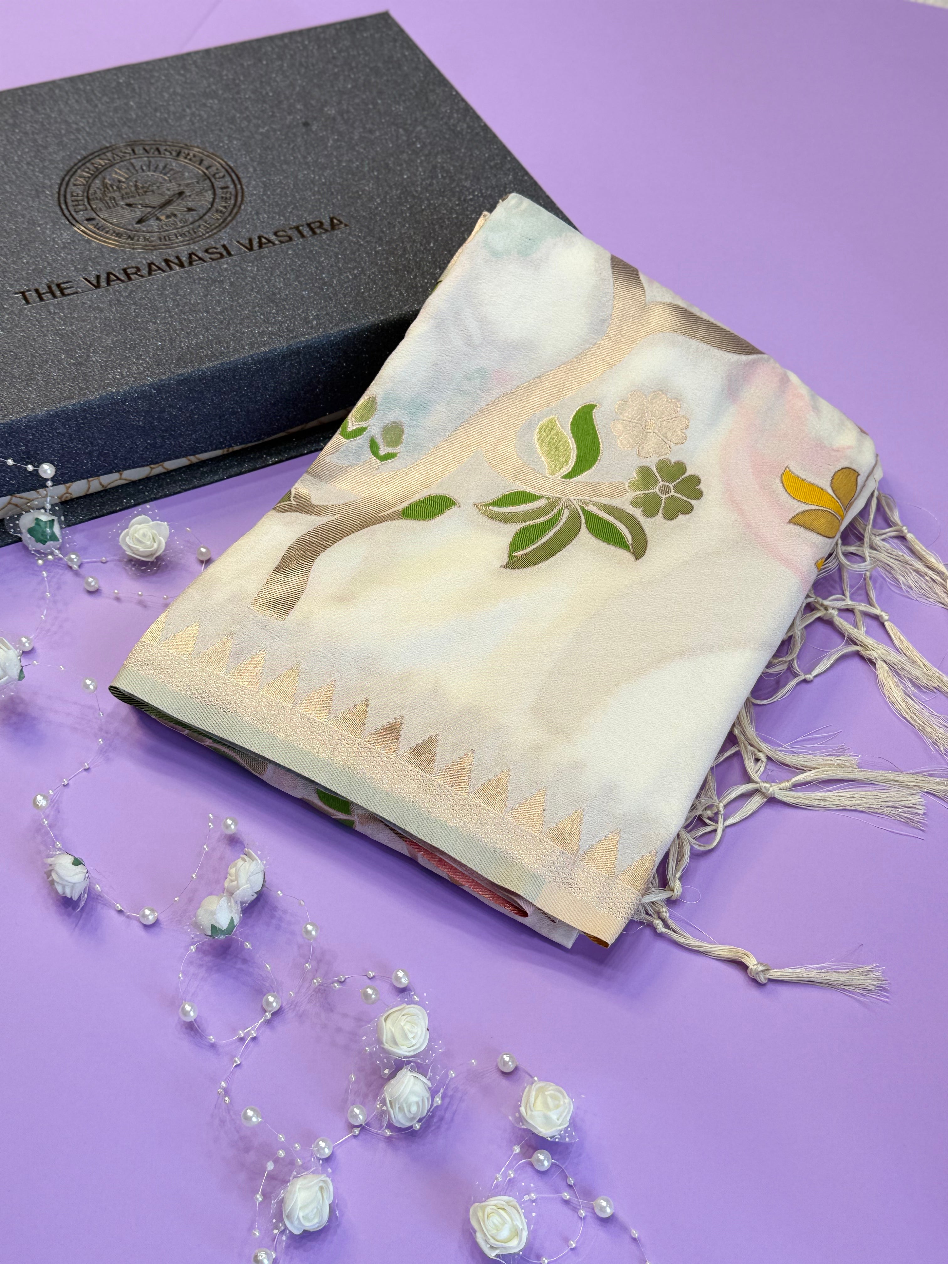 Luxury Off White Festive Saree with Intricate Gold Brocade Work