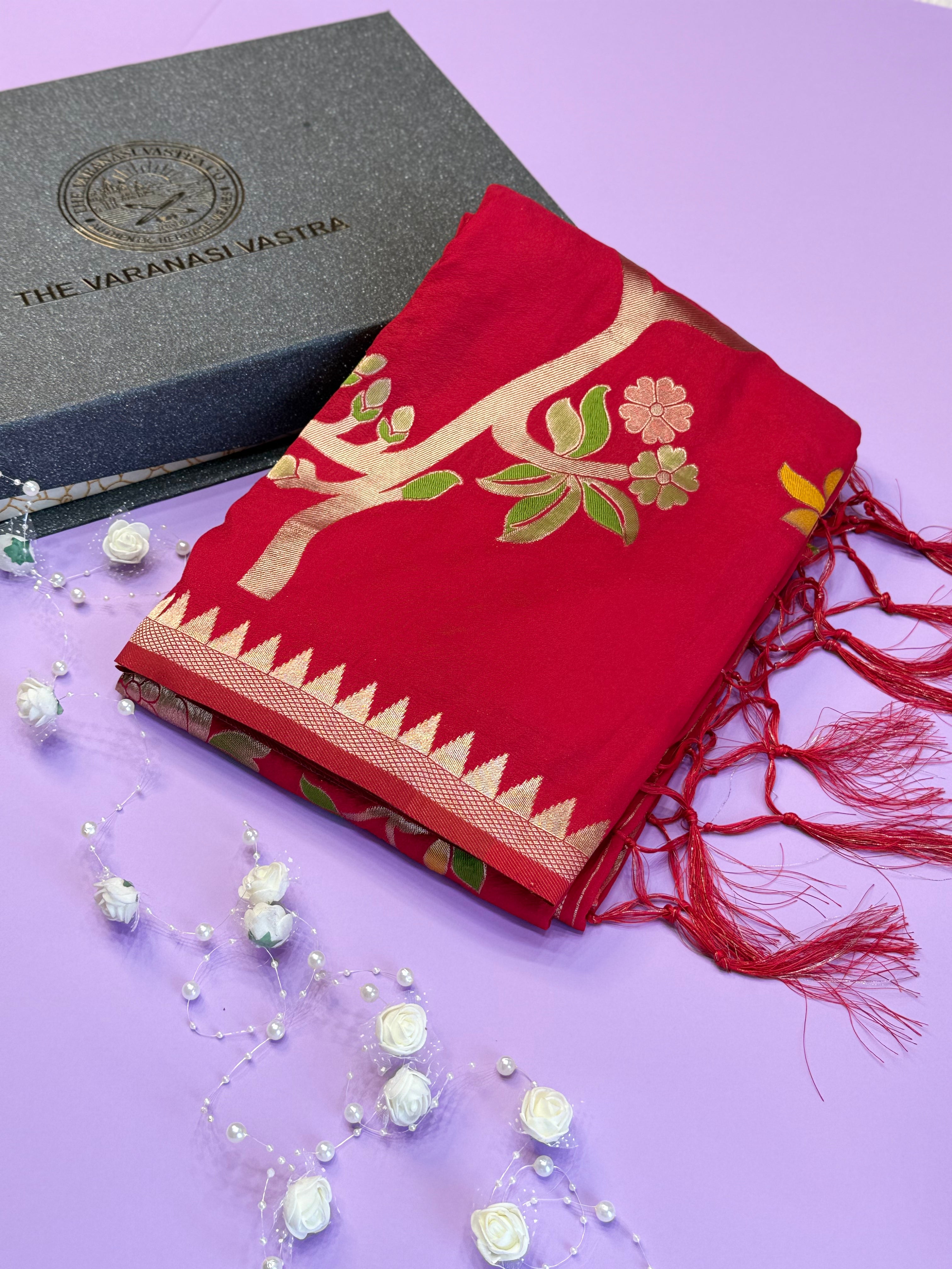 Luxury Red Festive Saree with Intricate Gold Brocade Work