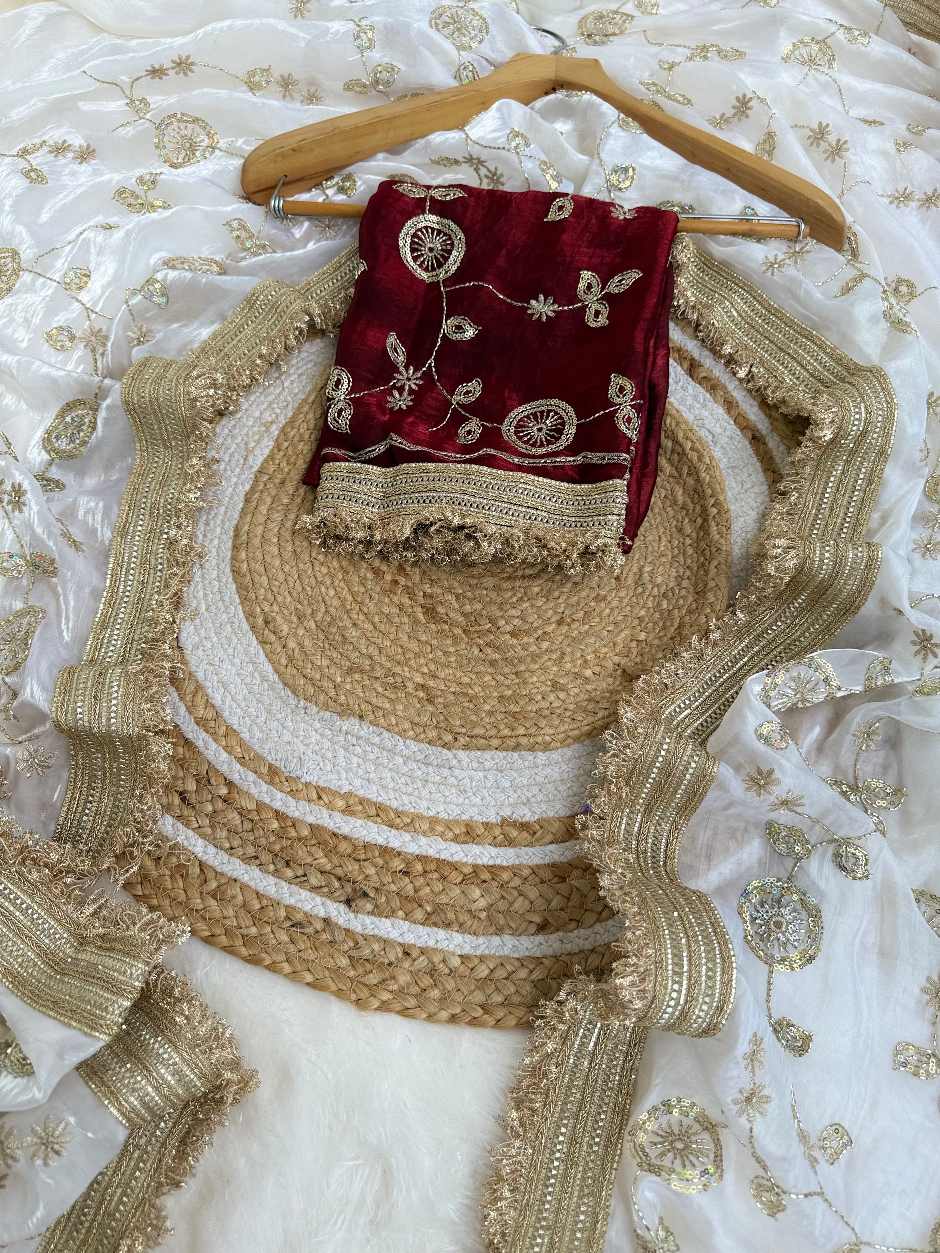 Graceful White Organza Saree with Red Designer Blouse & Zari Embroidery