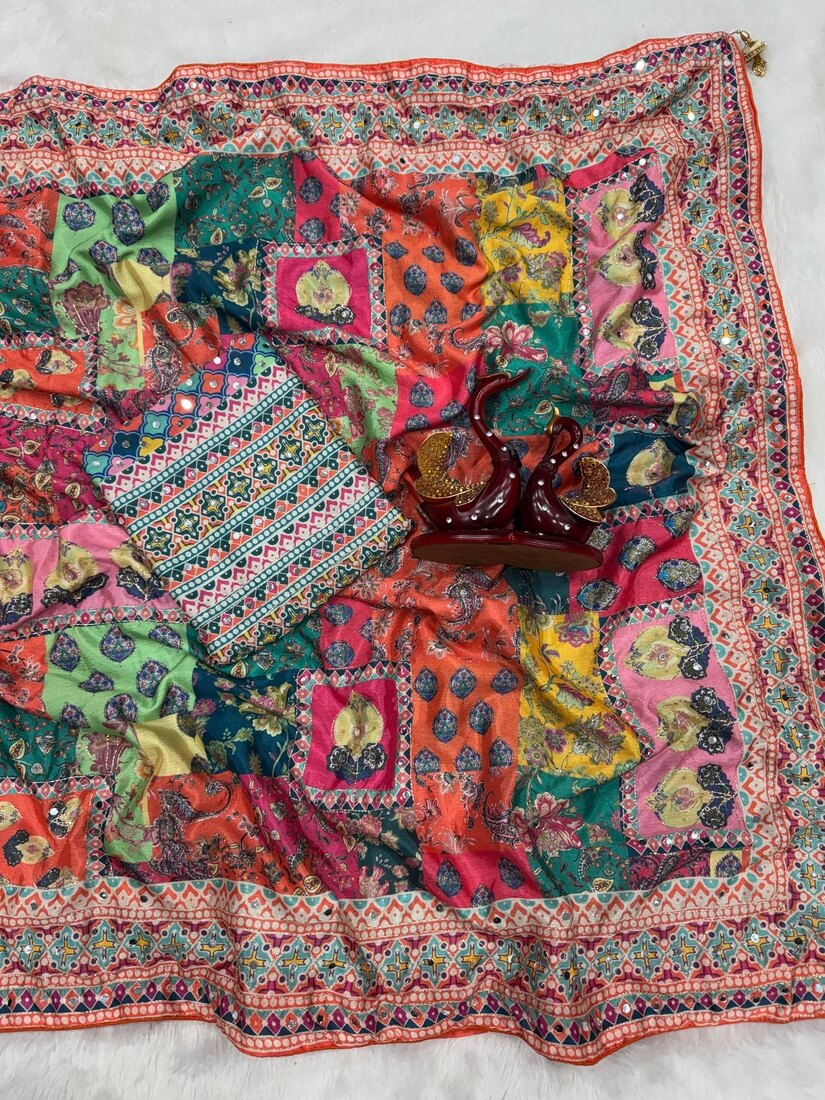 Surreptitious Multicolor Chinon Silk Printed Mirror Work Saree