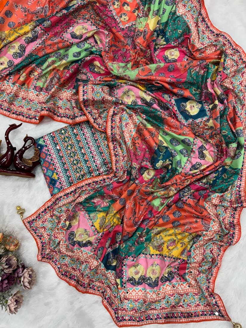 Surreptitious Multicolor Chinon Silk Printed Mirror Work Saree