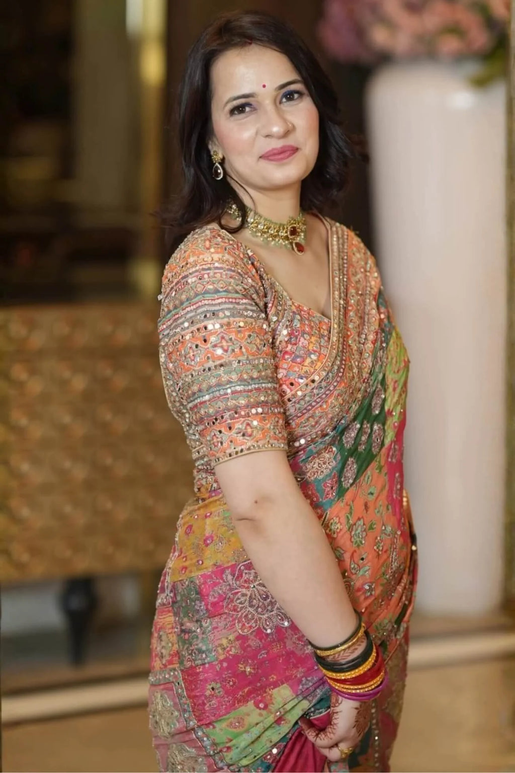 Surreptitious Multicolor Chinon Silk Printed Mirror Work Saree