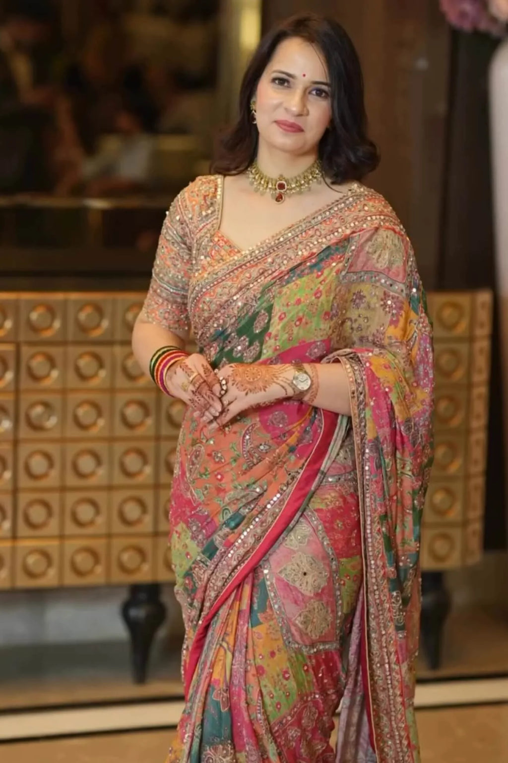 Surreptitious Multicolor Chinon Silk Printed Mirror Work Saree