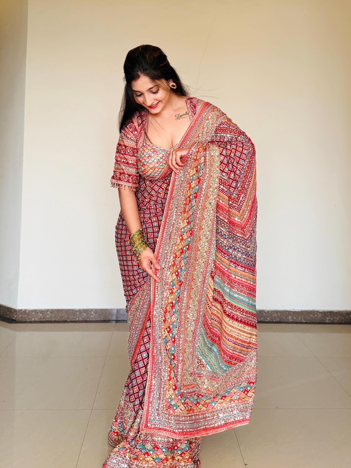 Tantalizing Multicolor Chinon Silk Printed Mirror Work Saree
