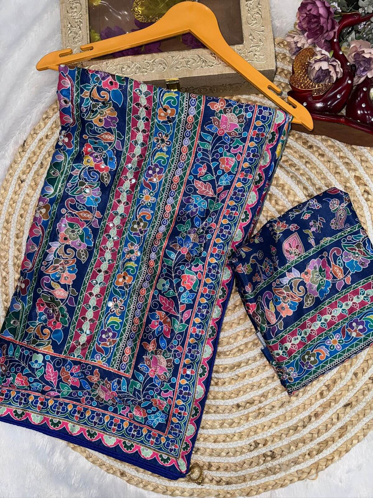 Vibrant Multicolor Chinon Silk Printed Mirror Work Saree