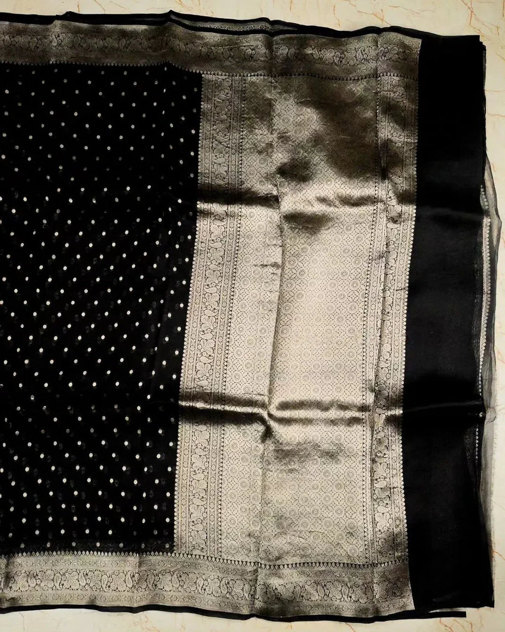 Black Pure Kora Banarasi Handloom Saree - Reshmi Kora