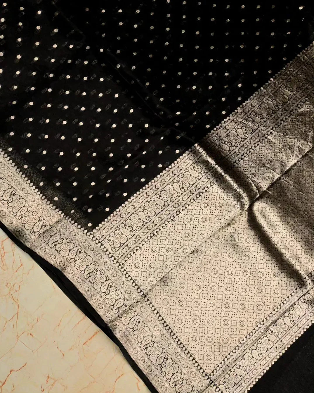 Black Pure Kora Banarasi Handloom Saree - Reshmi Kora