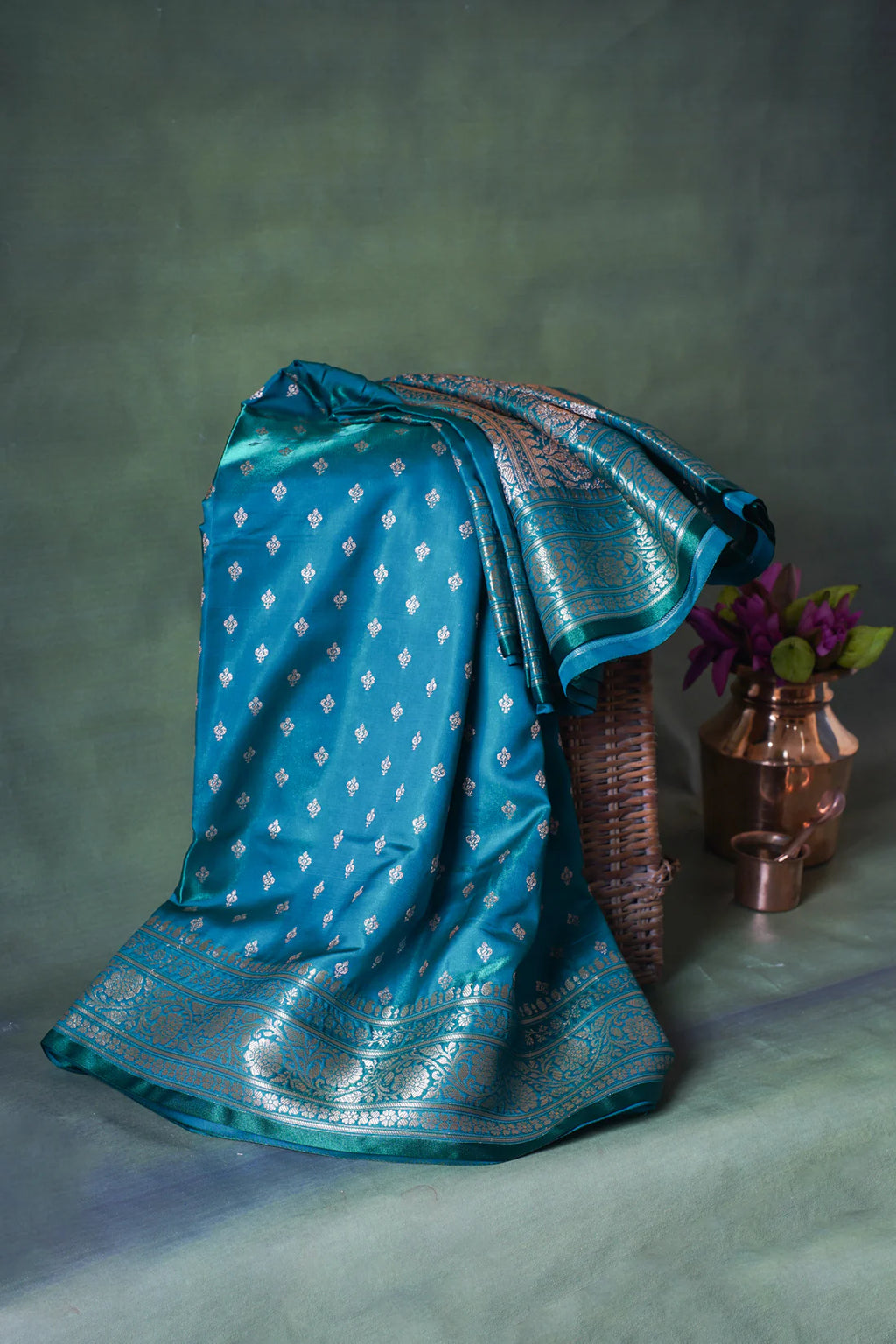 Teal Green Banarasi Upada Satin Silk Buti Saree