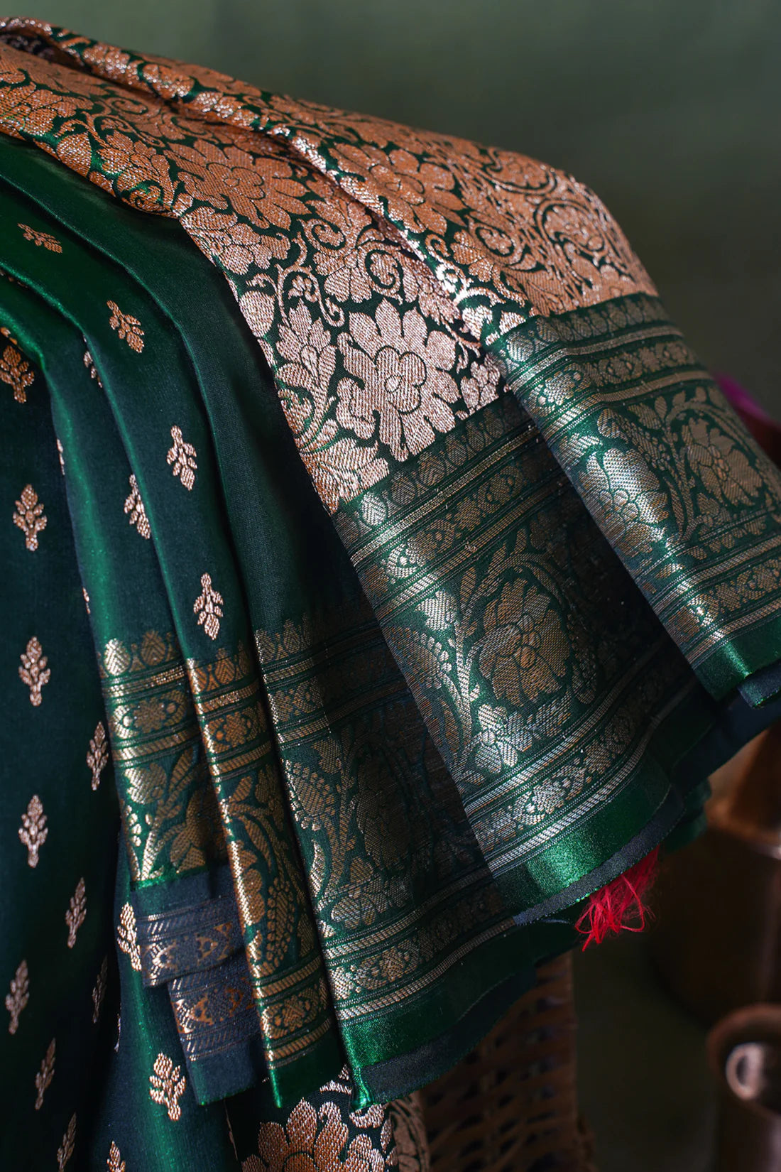 Deep Forest Green Banarasi Upada Satin Silk Buti Saree