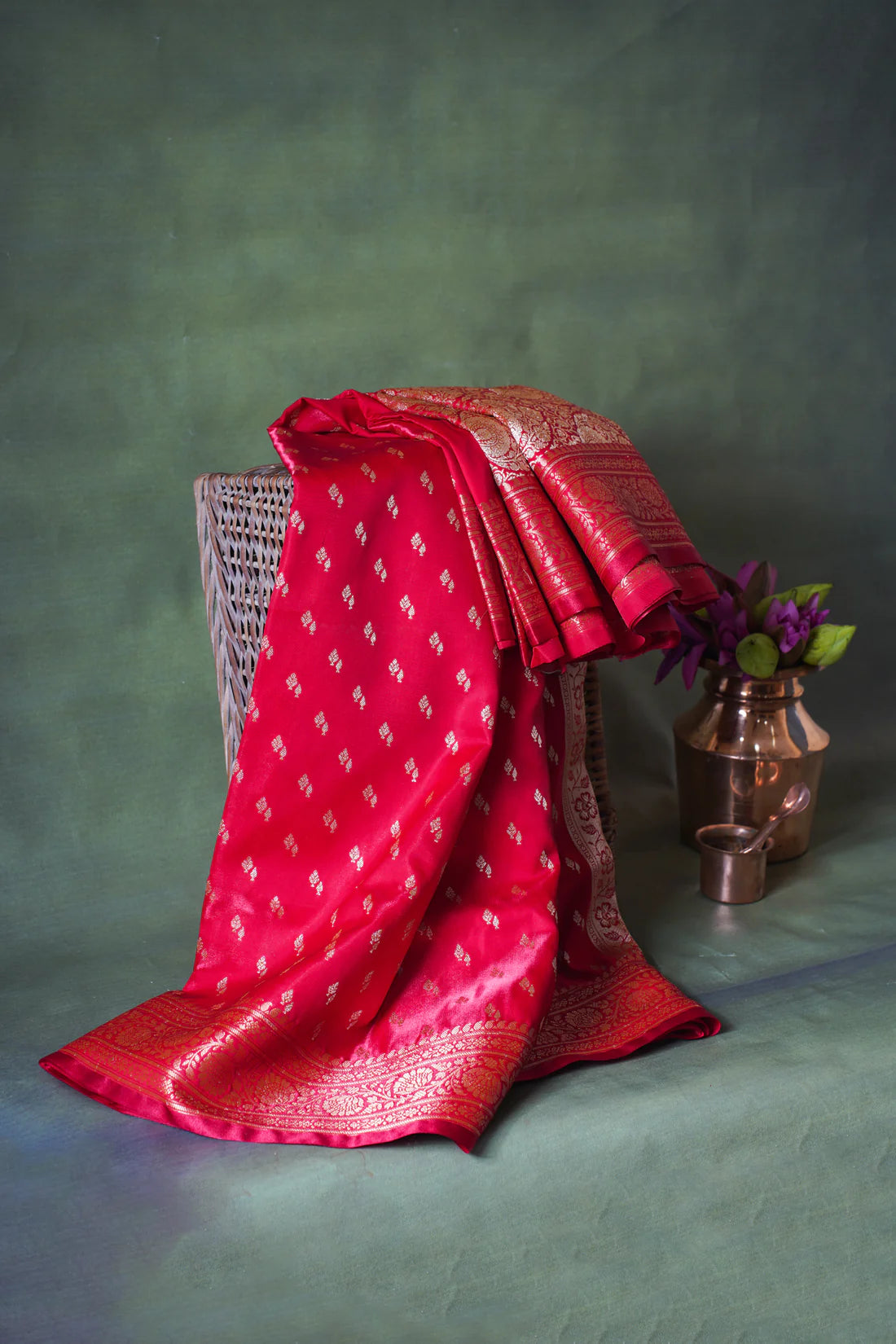 Scarlet Red Banarasi Upada Satin Silk Buti Saree