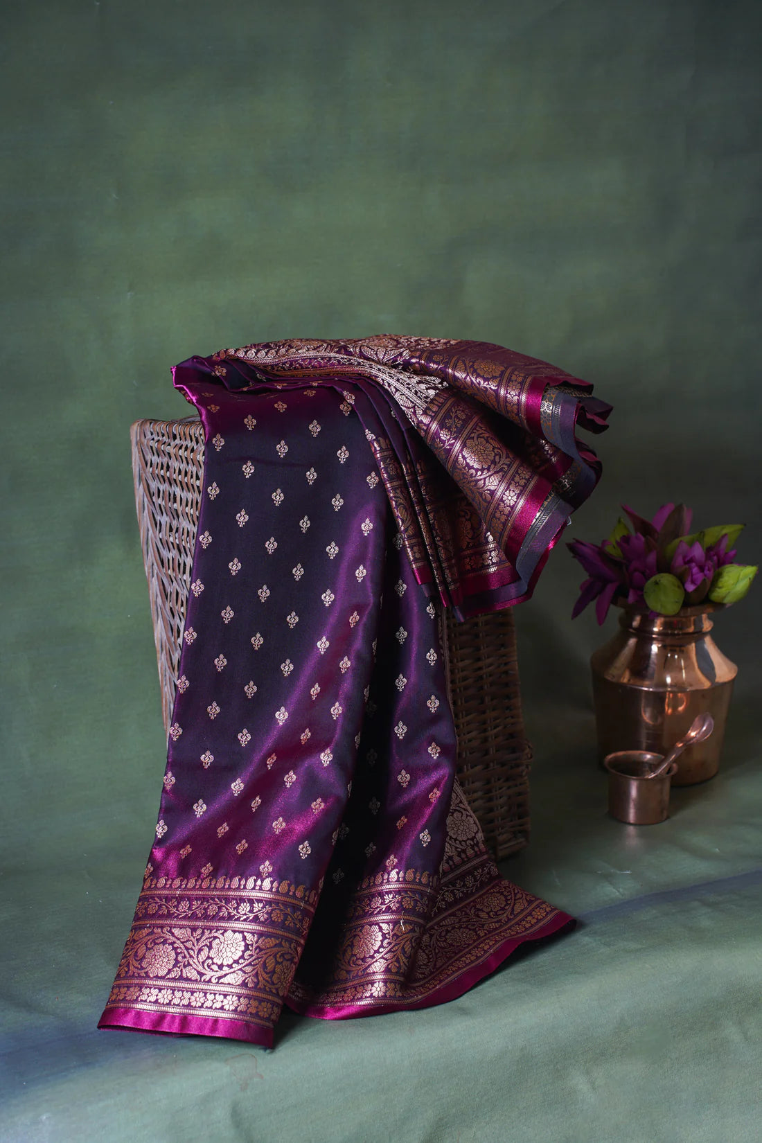 Deep Wine Banarasi Upada Satin Silk Buti Saree