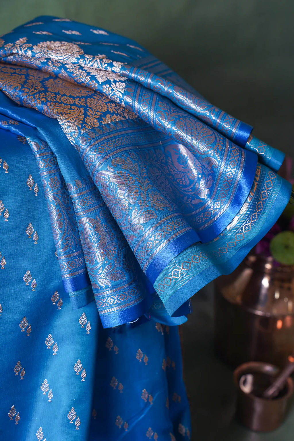 Sky Blue Banarasi Upada Satin Silk Buti Saree