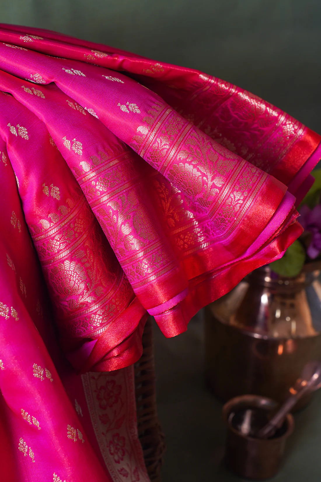 Rani Pink Banarasi Upada Satin Silk Buti Saree