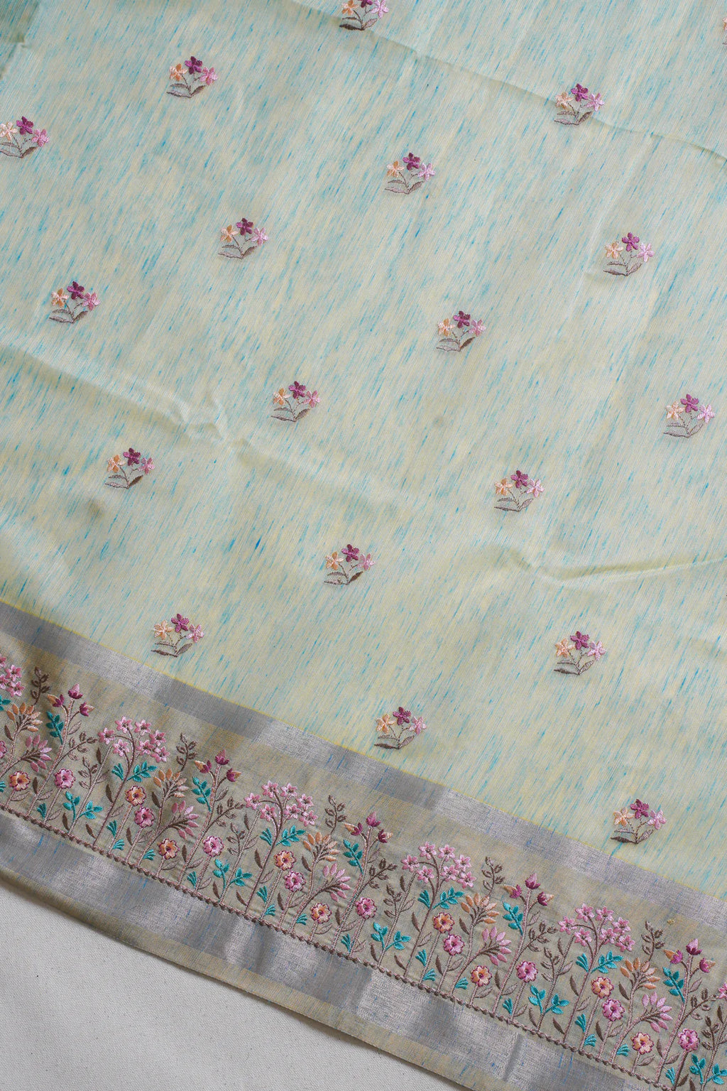 Pastel Green Linen Embroidery Saree