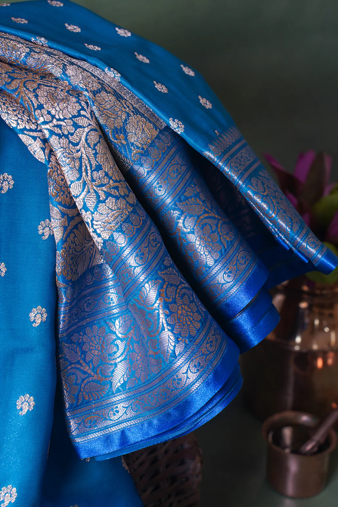 Ocean Blue Banarasi Upada Satin Silk Buti Saree