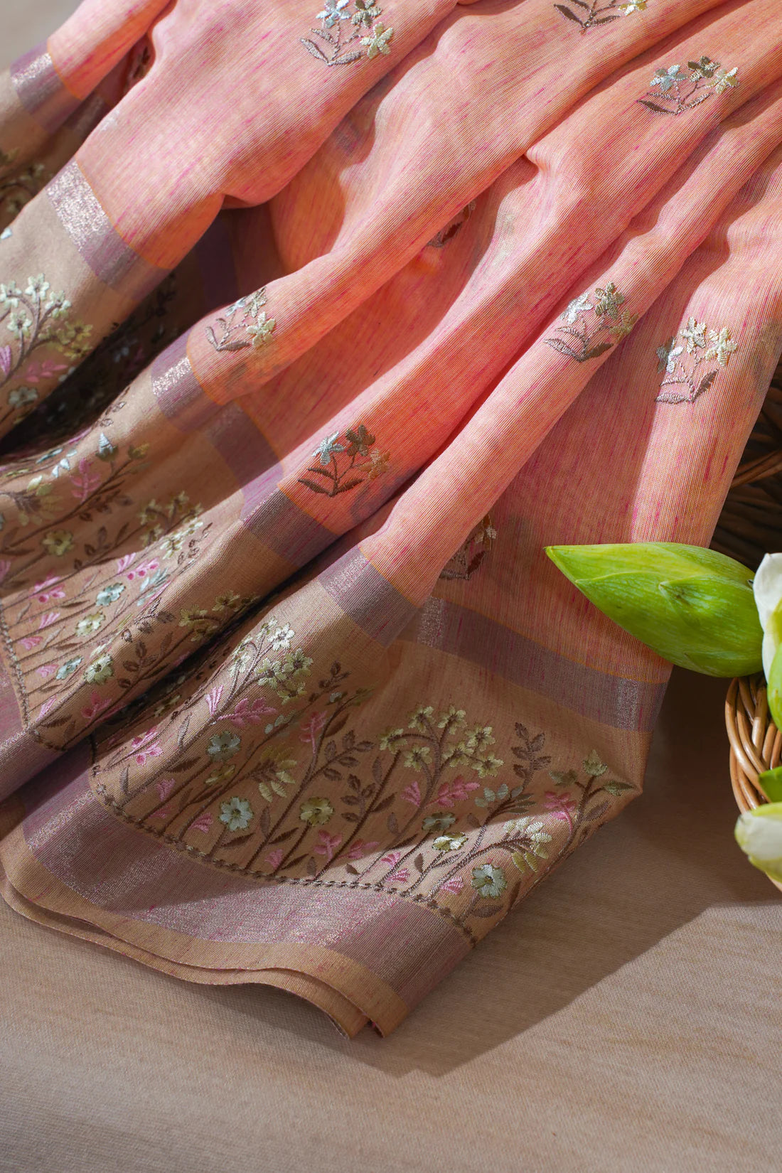 Peach-Pink Linen Embroidery Saree