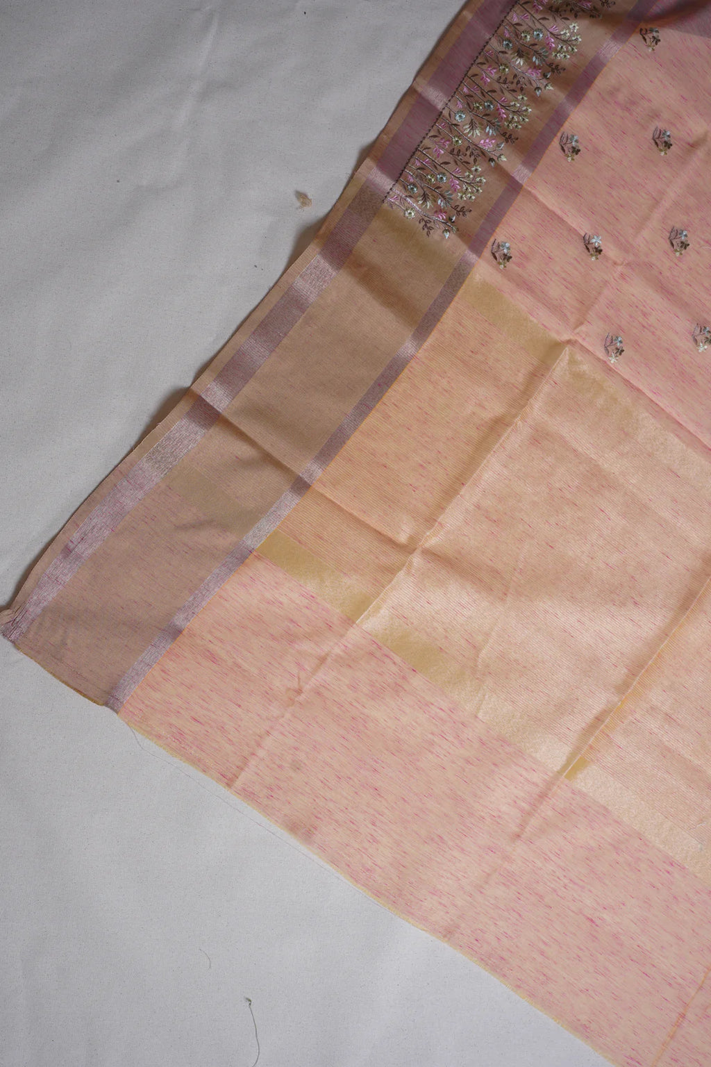 Peach-Pink Linen Embroidery Saree