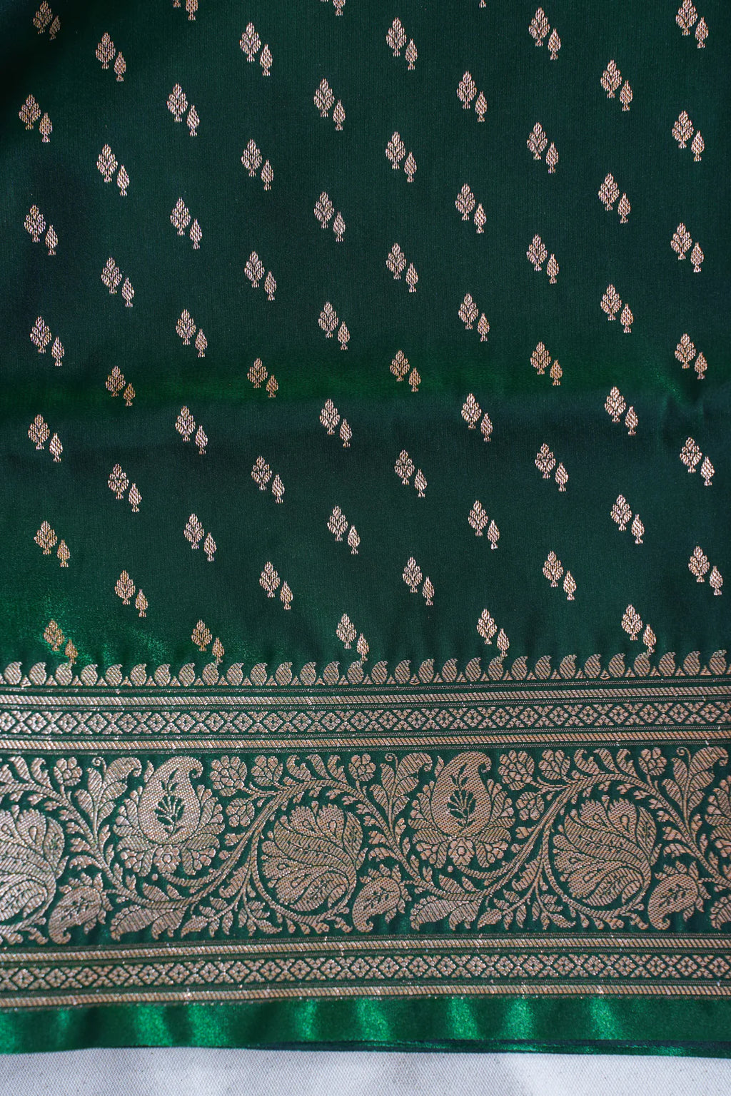 Deep Bottle Green Banarasi Upada Satin Silk Buti Saree