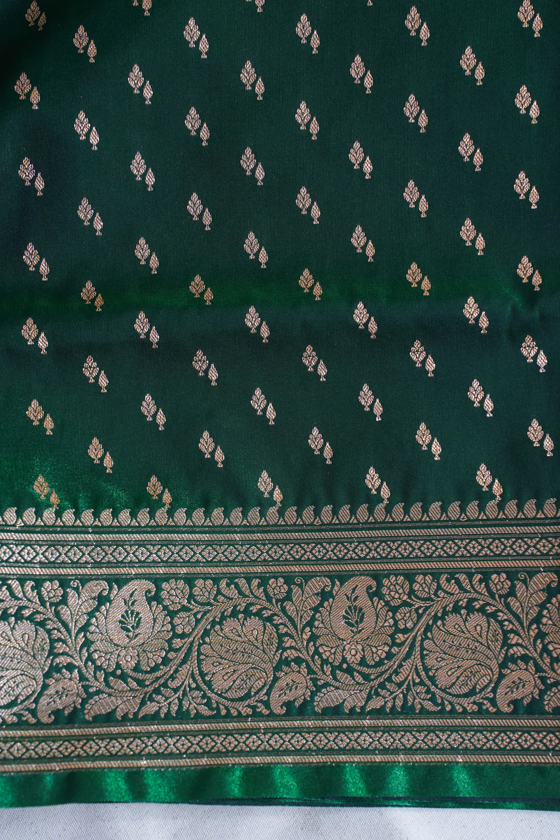 Deep Bottle Green Banarasi Upada Satin Silk Buti Saree