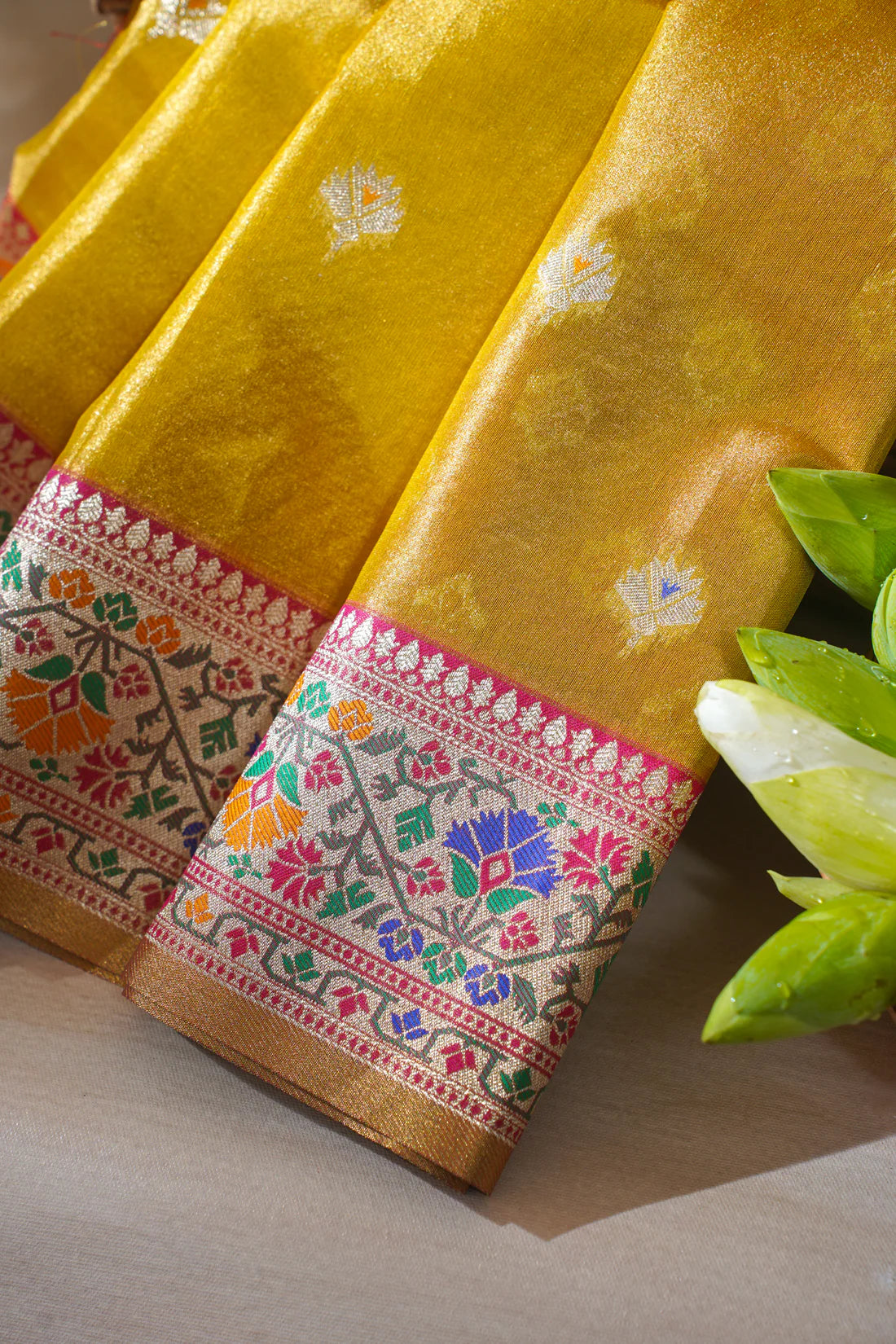 Yellow Paithani Minakari Tissue Silk Saree