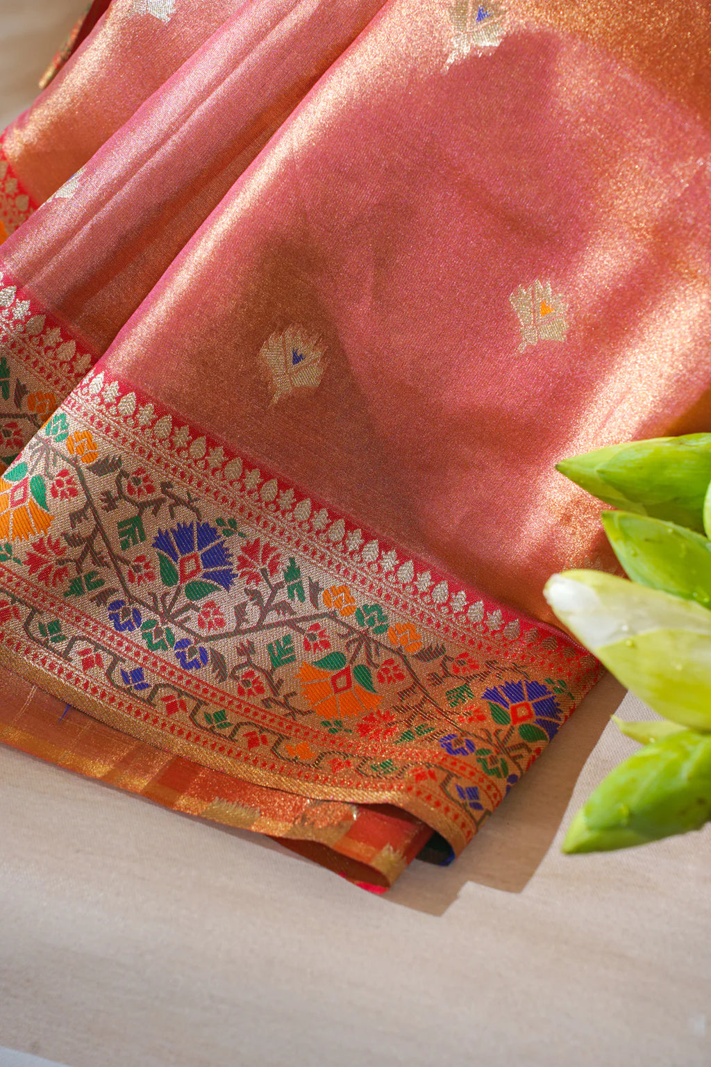 Rust Orange Paithani Minakari Tissue Silk Saree
