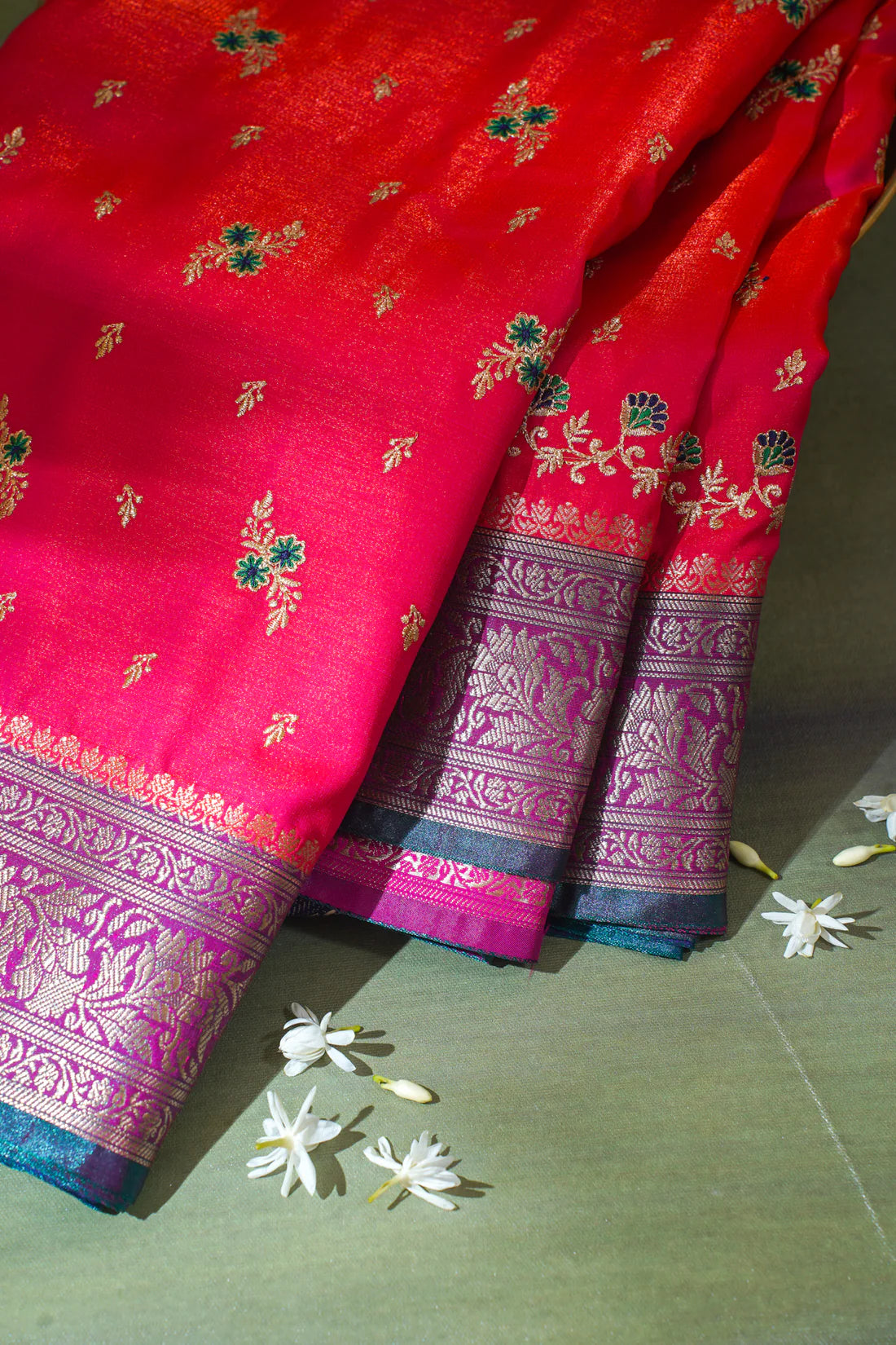 Crimson Red Banarasi Satin Silk Saree with Zari Embroidery Buti Work