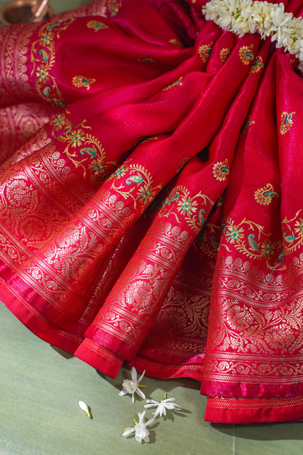 Classic Red Banarasi Satin Silk Saree with Zari Embroidery Buti Work