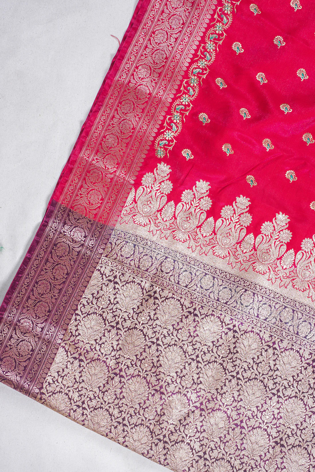 Classic Red Banarasi Satin Silk Saree with Zari Embroidery Buti Work