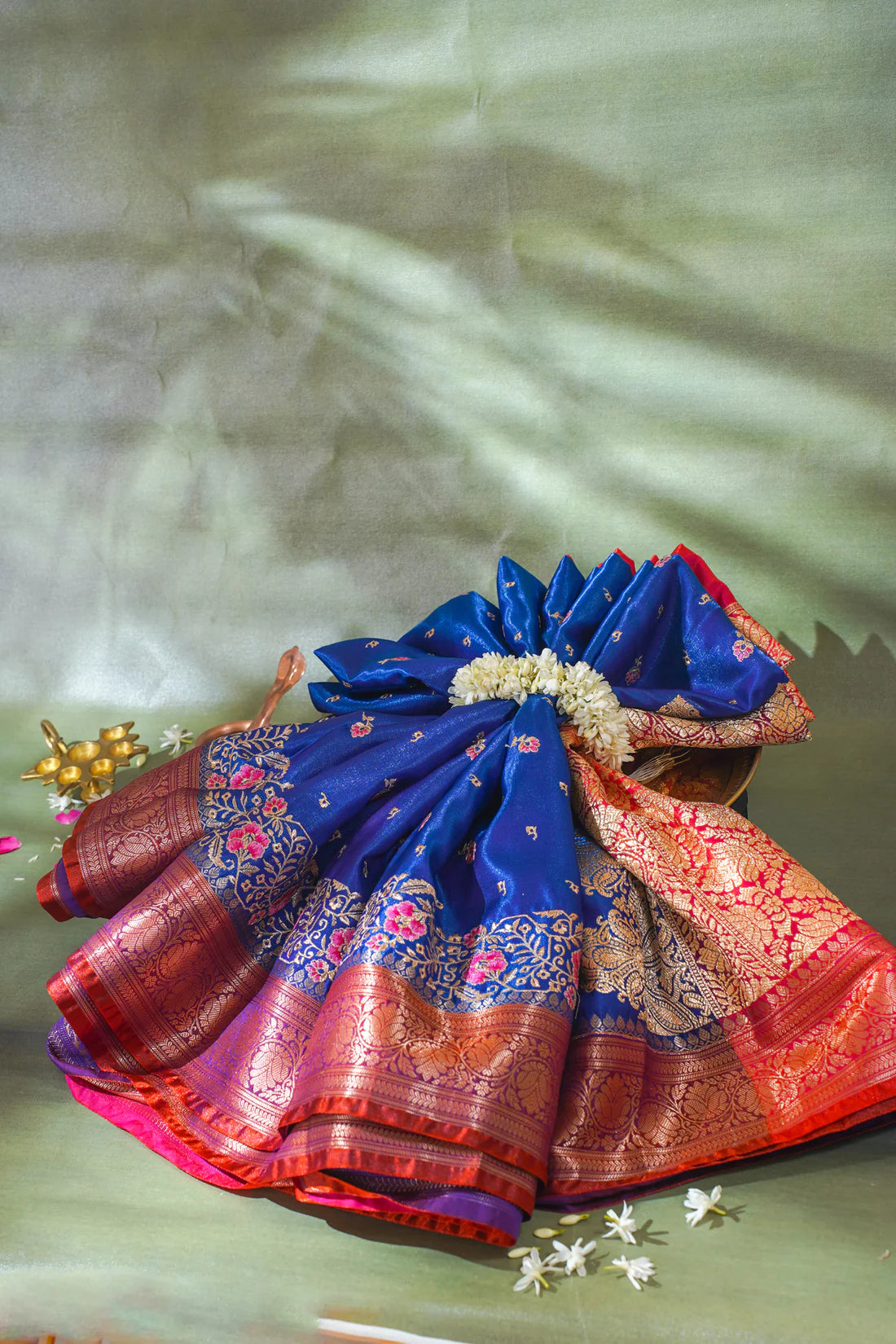 Royal Blue Banarasi Satin Silk Saree with Zari Embroidery Buti Work