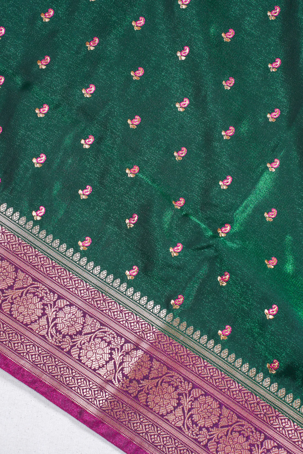 Green Banarasi Satin Silk Saree with Zari Embroidery Buti Work