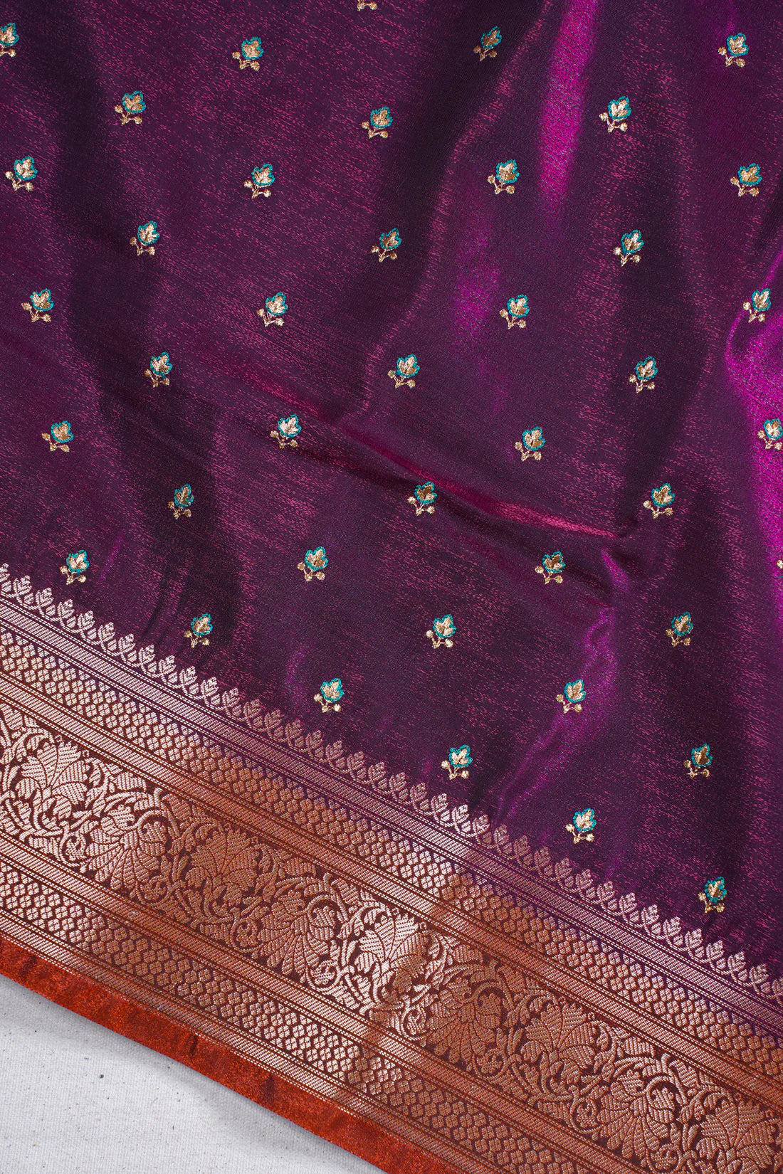Deep Wine Banarasi Satin Silk Saree with Zari Embroidery Buti Work