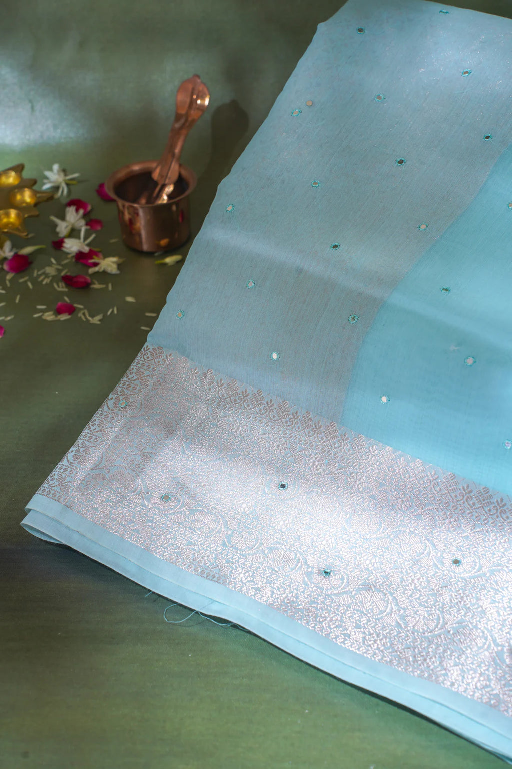 Aqua Blue Mukesh Work Linen Saree