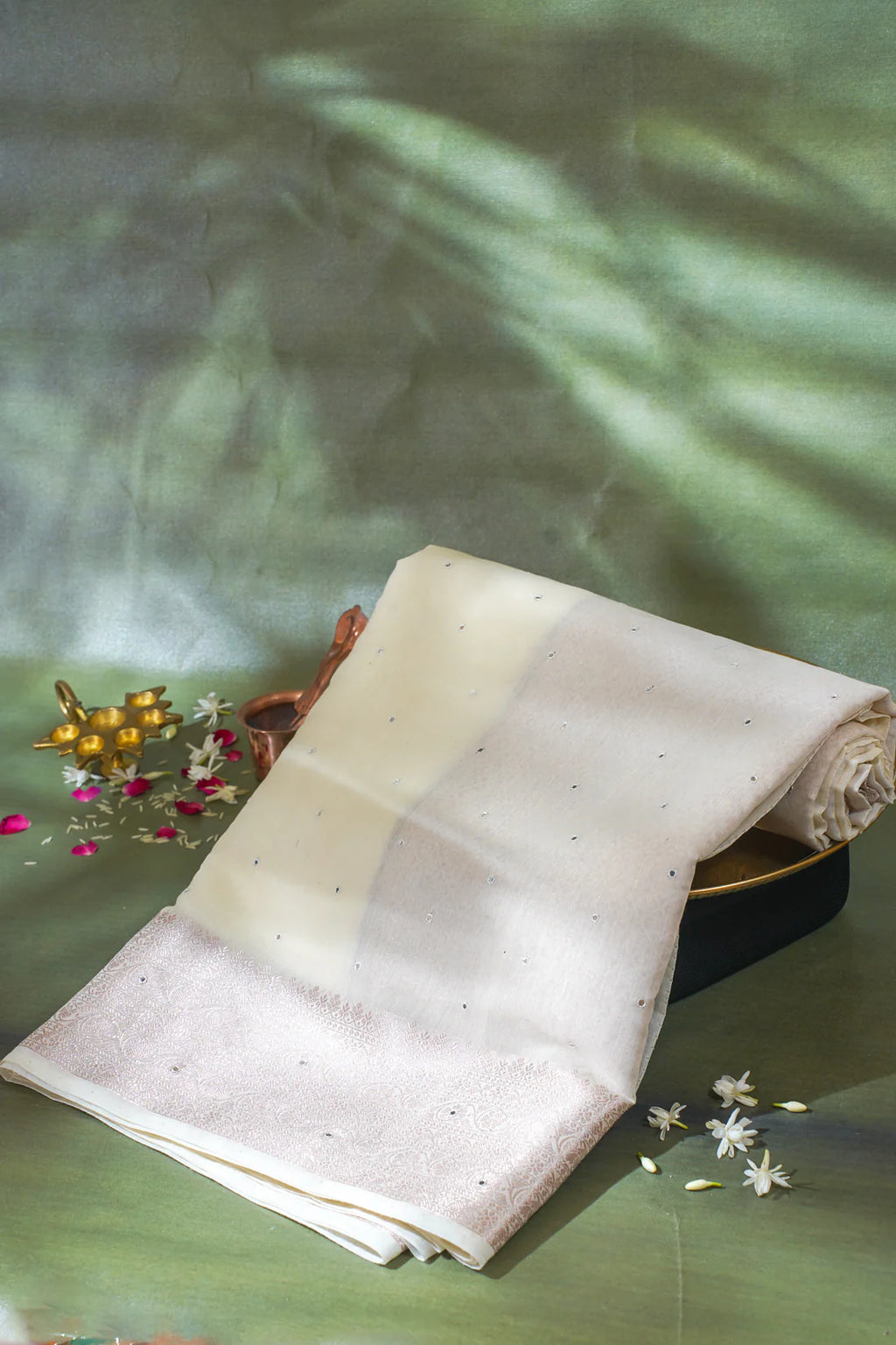 Ivory White Mukesh Work Linen Saree