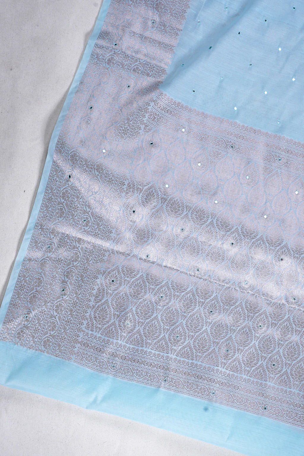 Aqua Blue Mukesh Work Linen Saree