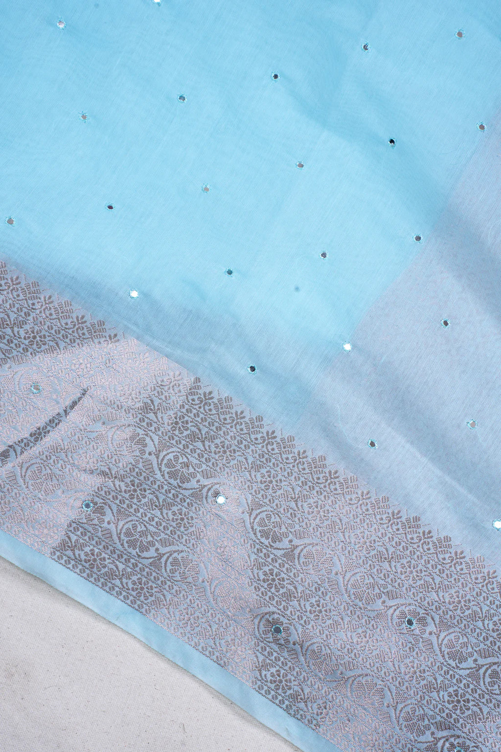 Aqua Blue Mukesh Work Linen Saree