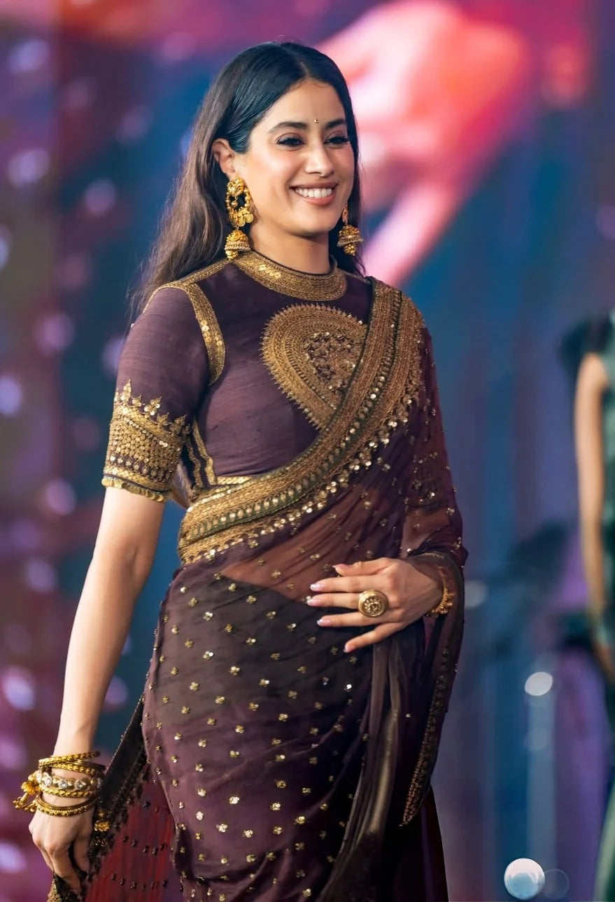 Janhvi Kapoor Inspired Brown Twill Net Saree With Full Stitched Blouse