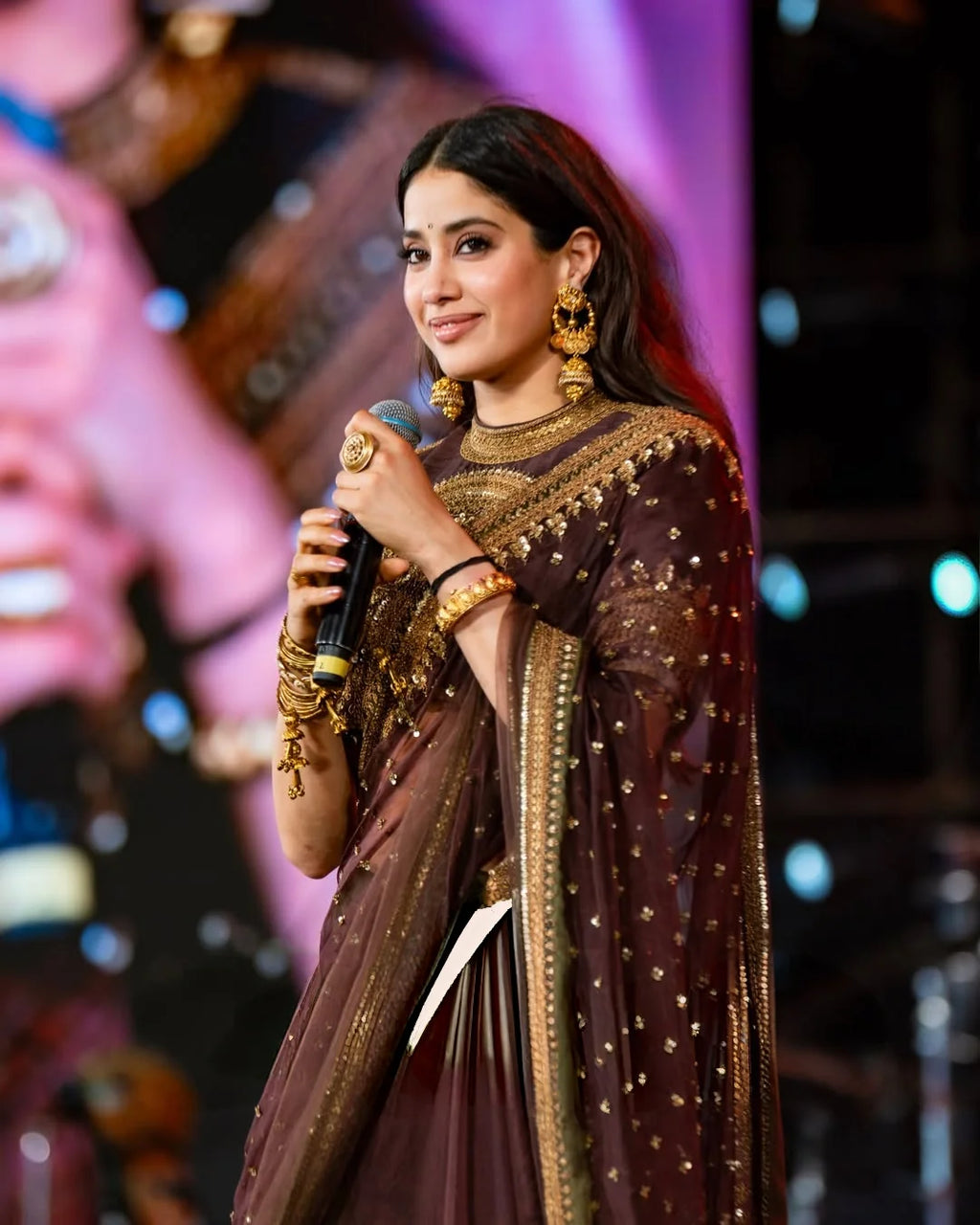 Janhvi Kapoor Inspired Brown Twill Net Saree With Full Stitched Blouse