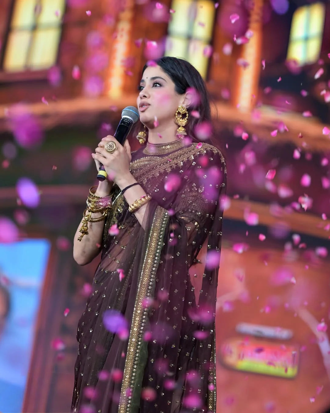 Janhvi Kapoor Inspired Brown Twill Net Saree With Full Stitched Blouse