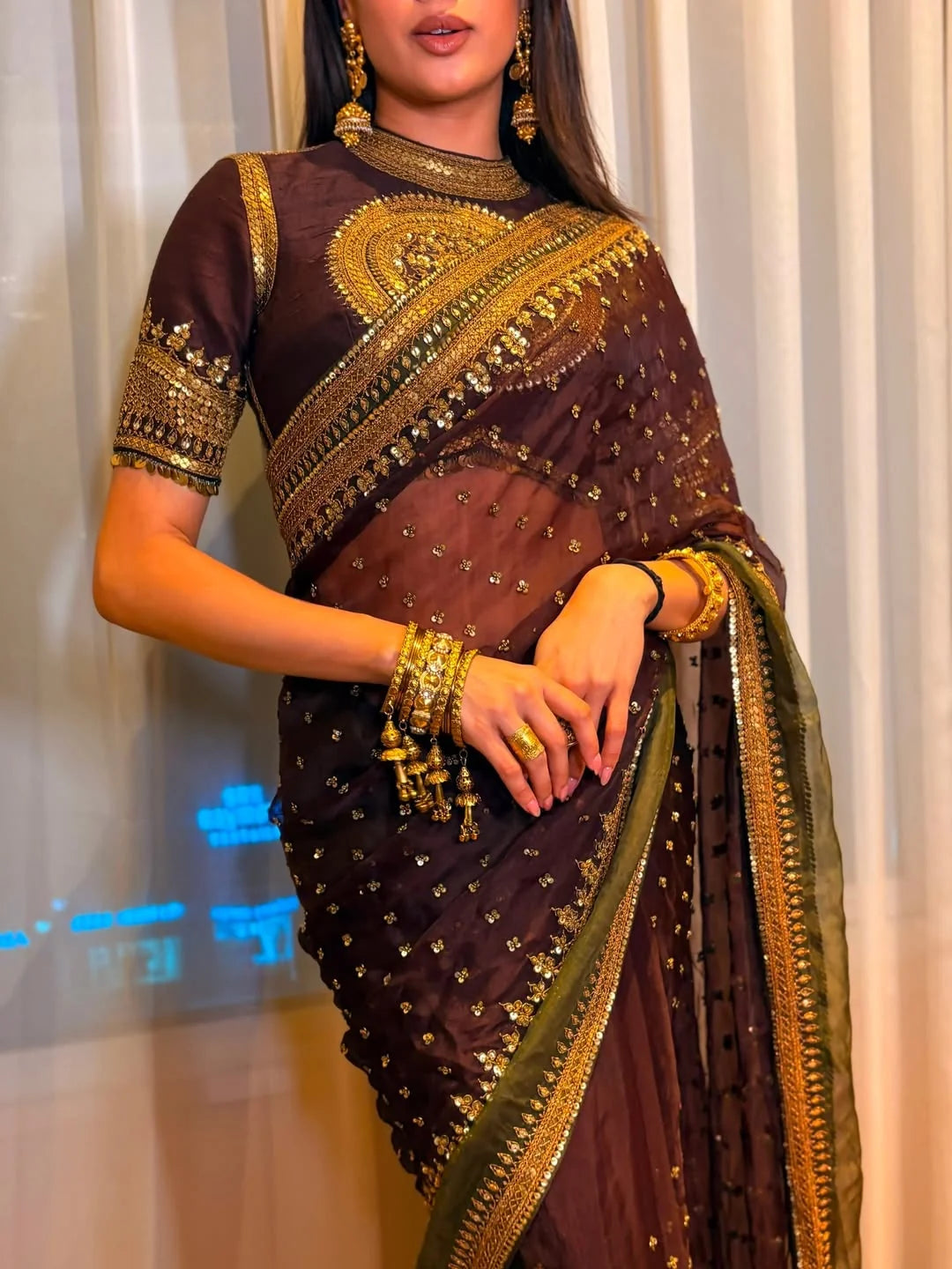 Janhvi Kapoor Inspired Brown Twill Net Saree With Full Stitched Blouse