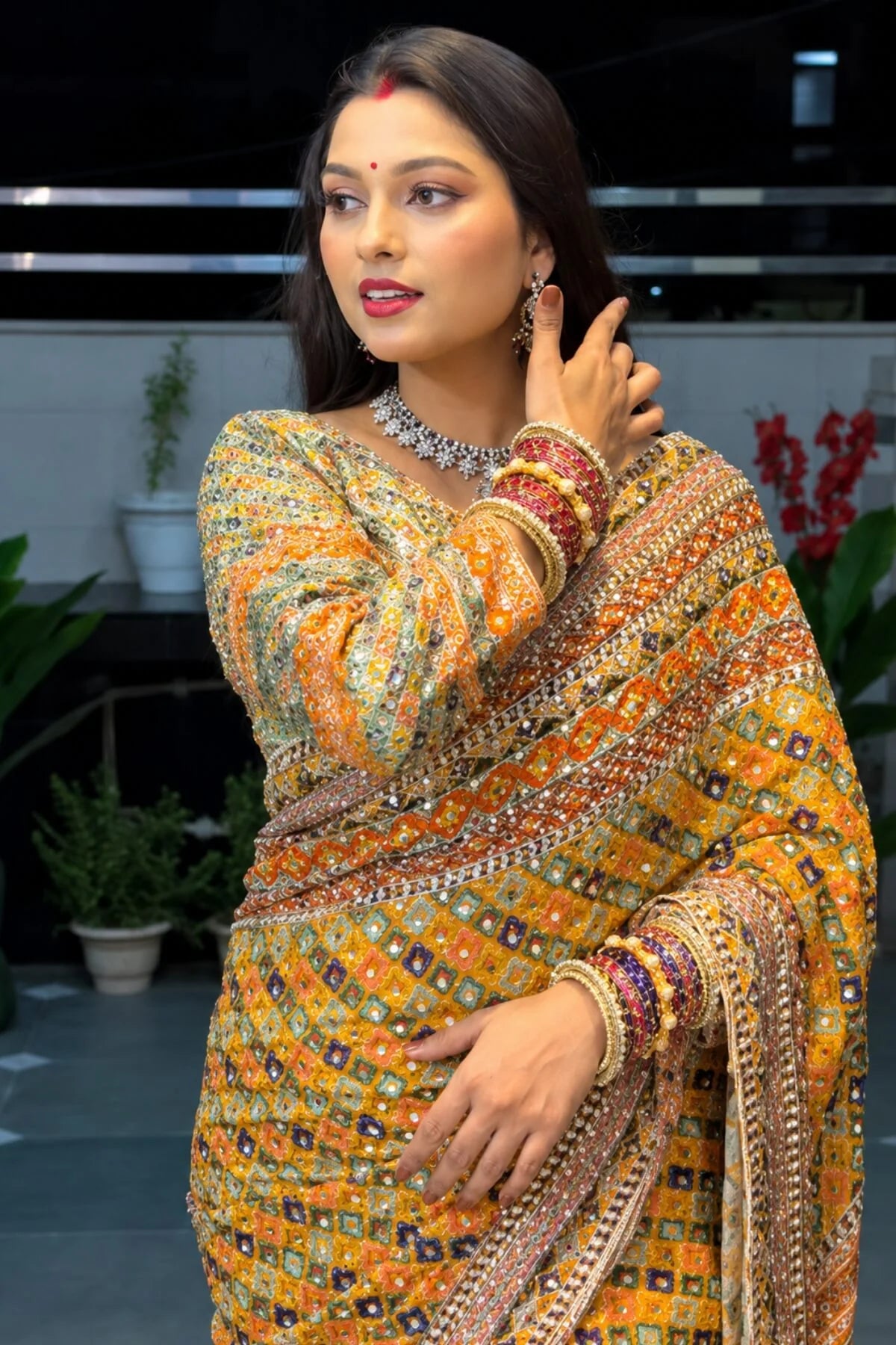 Improbable Yellow Chinon Silk Printed Mirror Work Saree