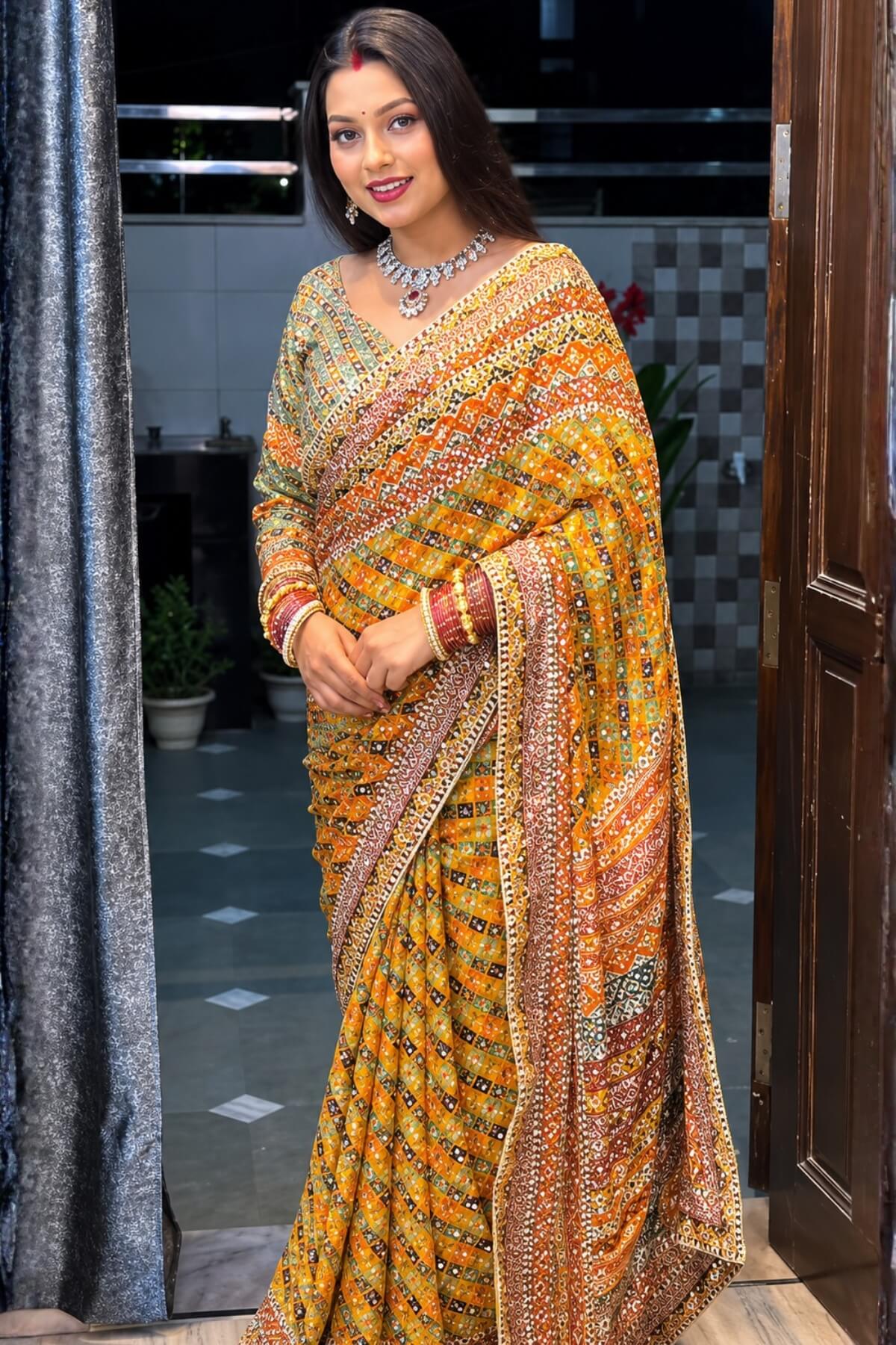 Improbable Yellow Chinon Silk Printed Mirror Work Saree