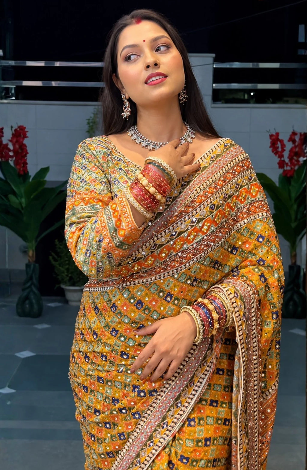 Improbable Yellow Chinon Silk Printed Mirror Work Saree
