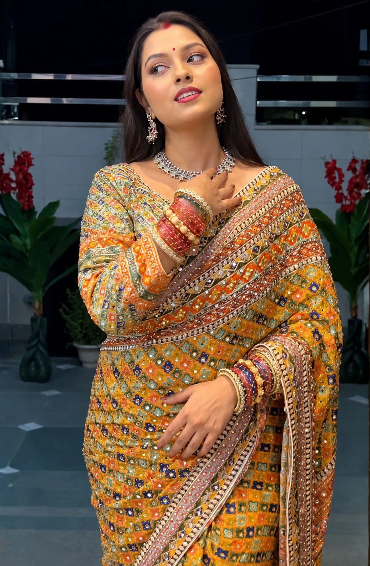 Improbable Yellow Chinon Silk Printed Mirror Work Saree