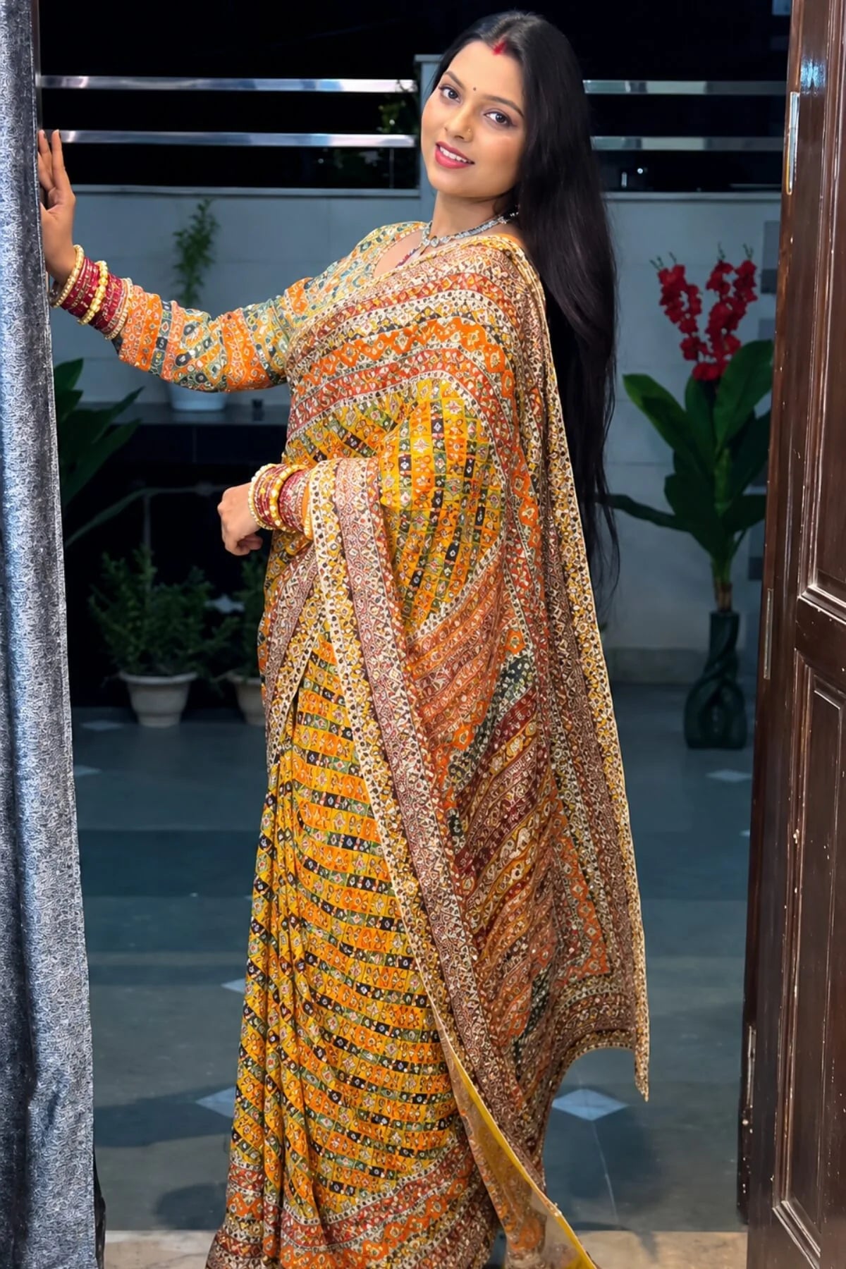 Improbable Yellow Chinon Silk Printed Mirror Work Saree