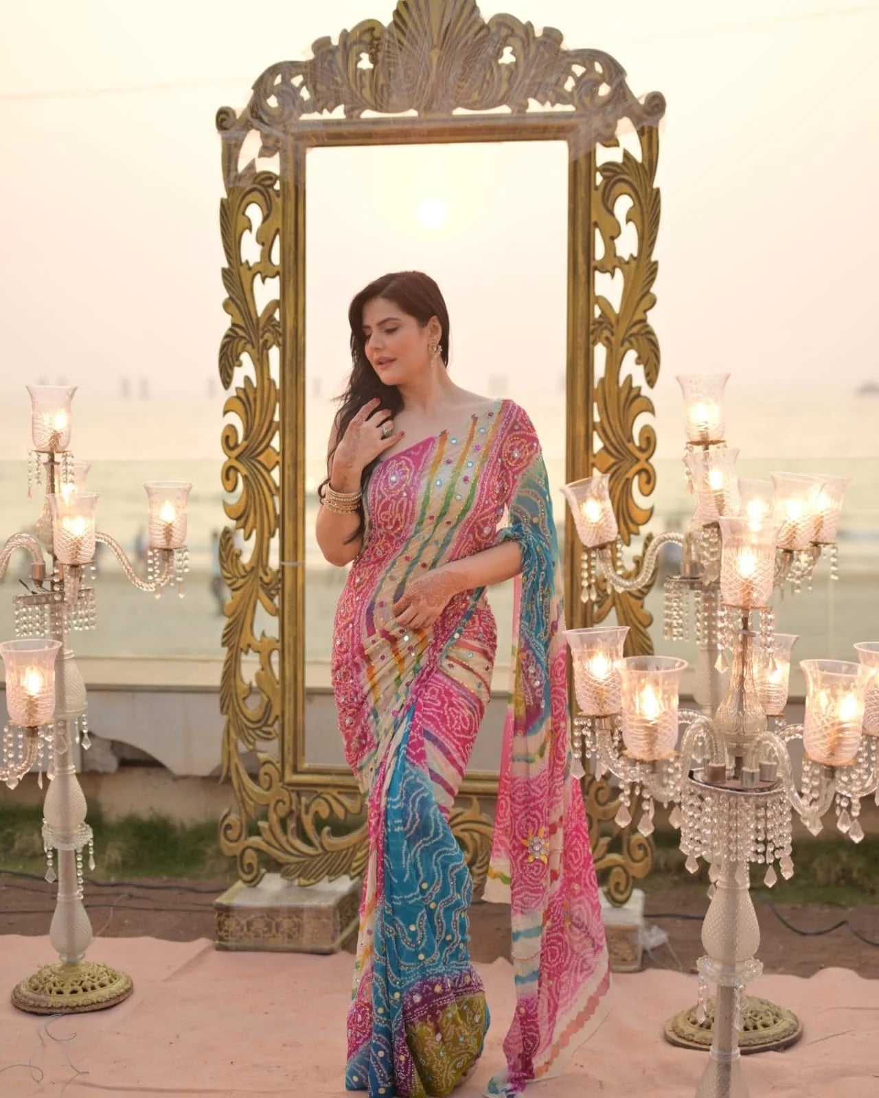 Delightful Multicolor Chinon Silk Printed Mirror Work Saree