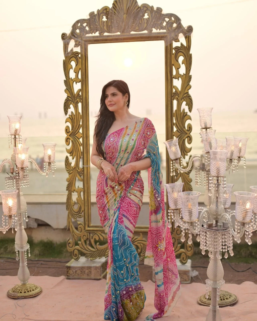 Delightful Multicolor Chinon Silk Printed Mirror Work Saree