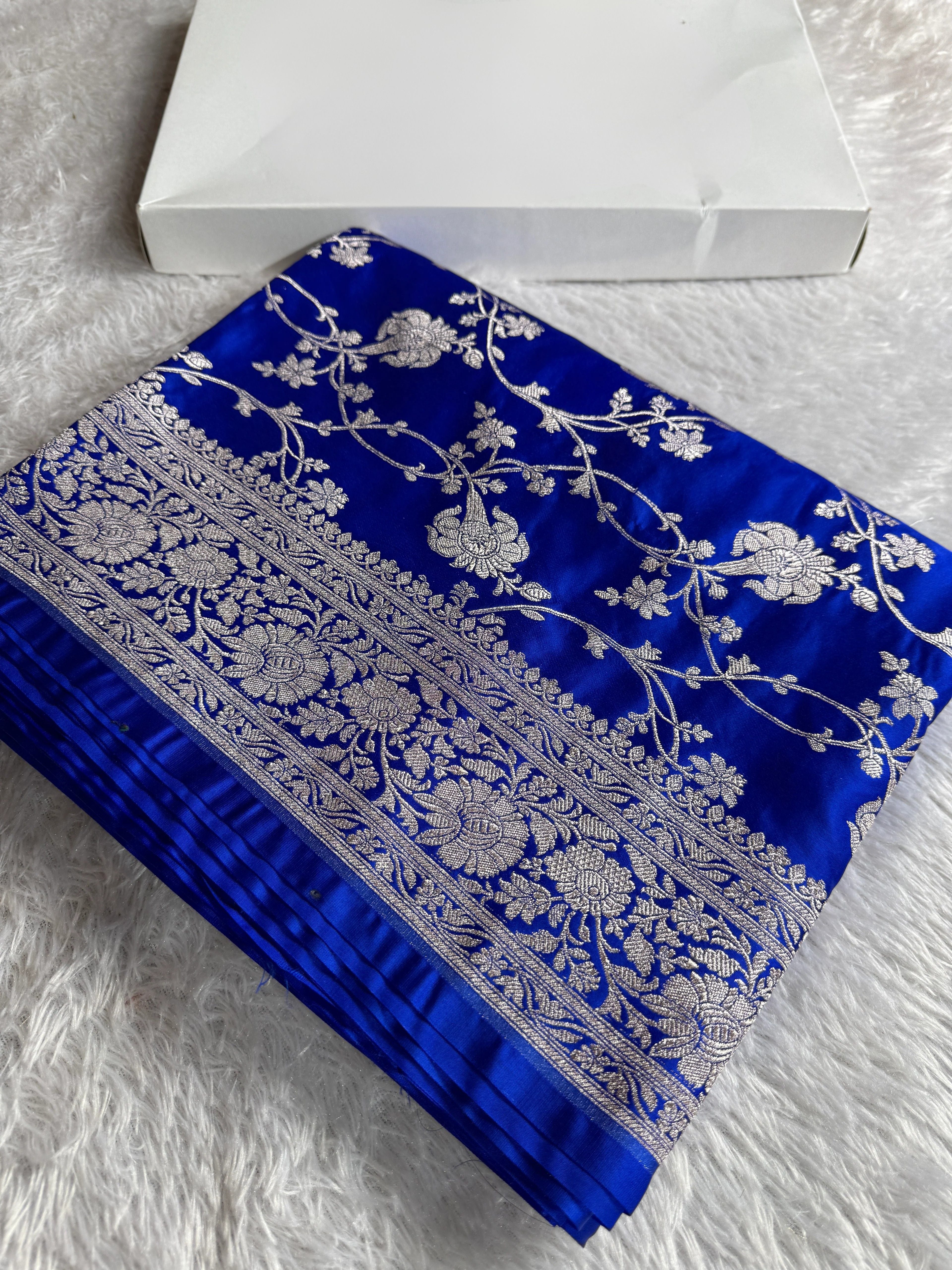 Royal Blue Mashru Satin Silk Saree with Intricate Jaal Weaving