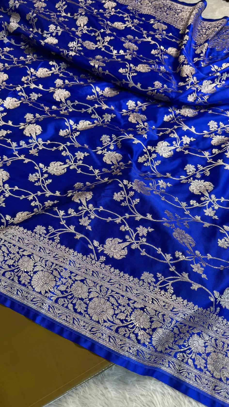 Royal Blue Mashru Satin Silk Saree with Intricate Jaal Weaving