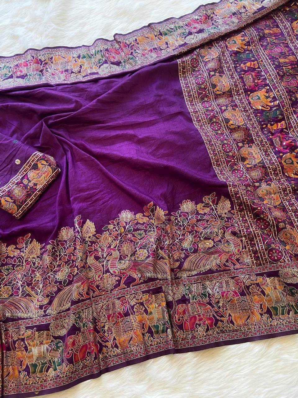 Redolent Rajwadi Pashmina  Saree With Embrocation Blouse Piece